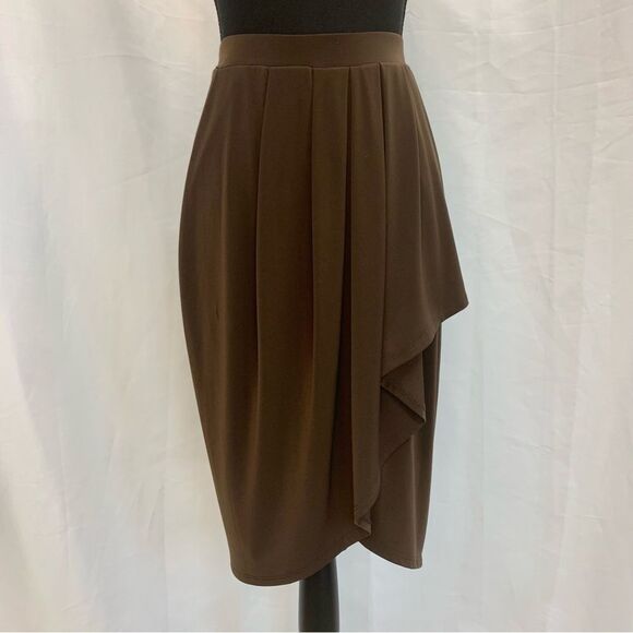 JOSEPH Ribkoff chocolate brown pleated tulip wrap skirt Sz 8 stretchy spandex - Picture 2 of 9
